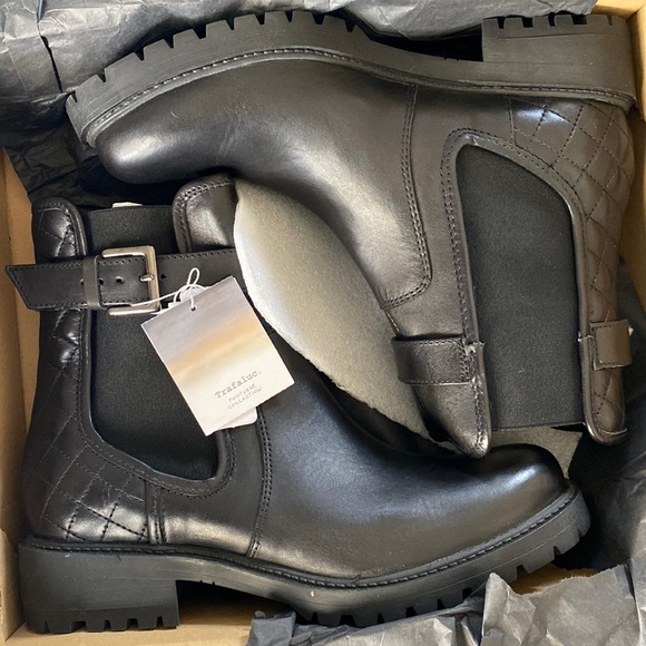 NWT Zara Trafaluc leather black moto quilted boot - Picture 7 of 10